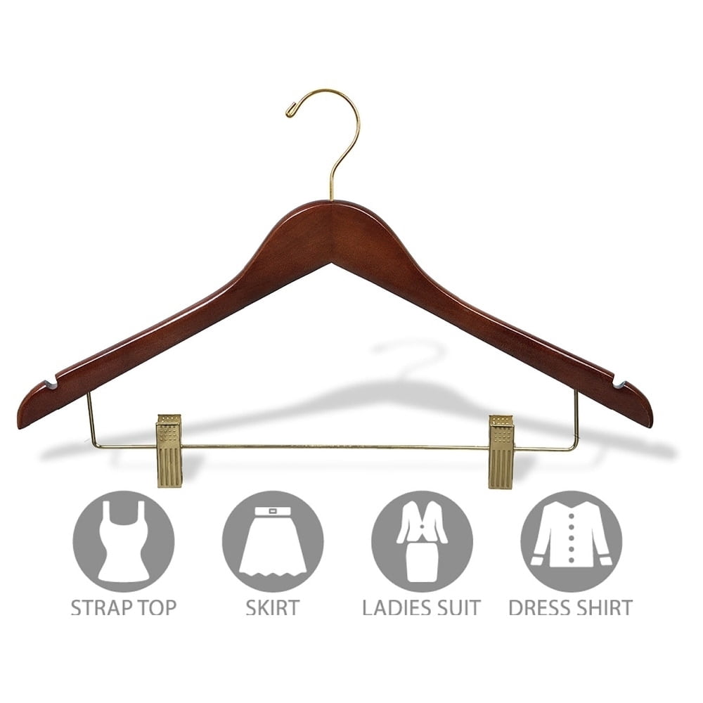 Wood Combo Hanger w/ Cushion Clips, Box of 25 Space Saving 17 Inch Flat Wooden Hangers w/ Walnut Finish & Brass Hardware & Notches for Shirt Jacket or Dress by International Hanger