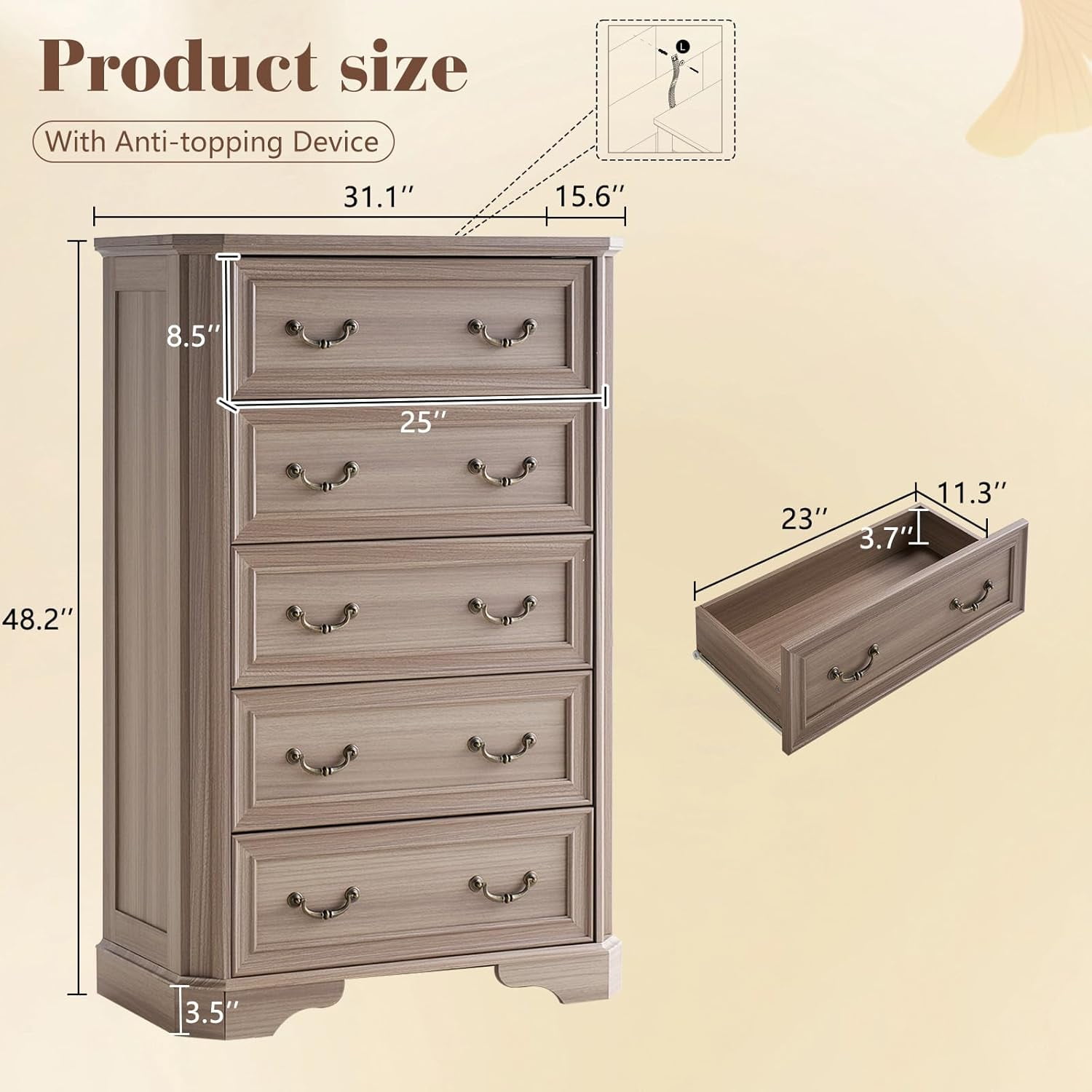 VanAcc Farmhouse 48" Tall 5 Drawers Dresser for Bedroom, Wood Rustic Chest with Corner Bevel Shape for Bedroom, Living Room, Hallway, Grey Walnut