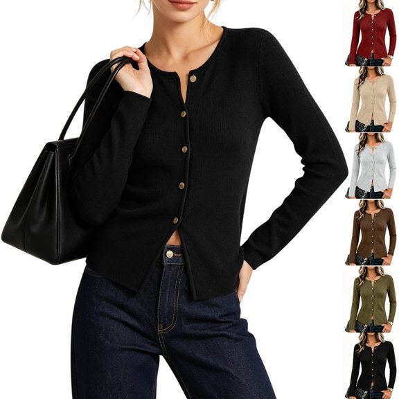 Jowdiw Womens Button Down Cardigan Crew Neck Long Sleeve Slim Fit Casual Knit Top