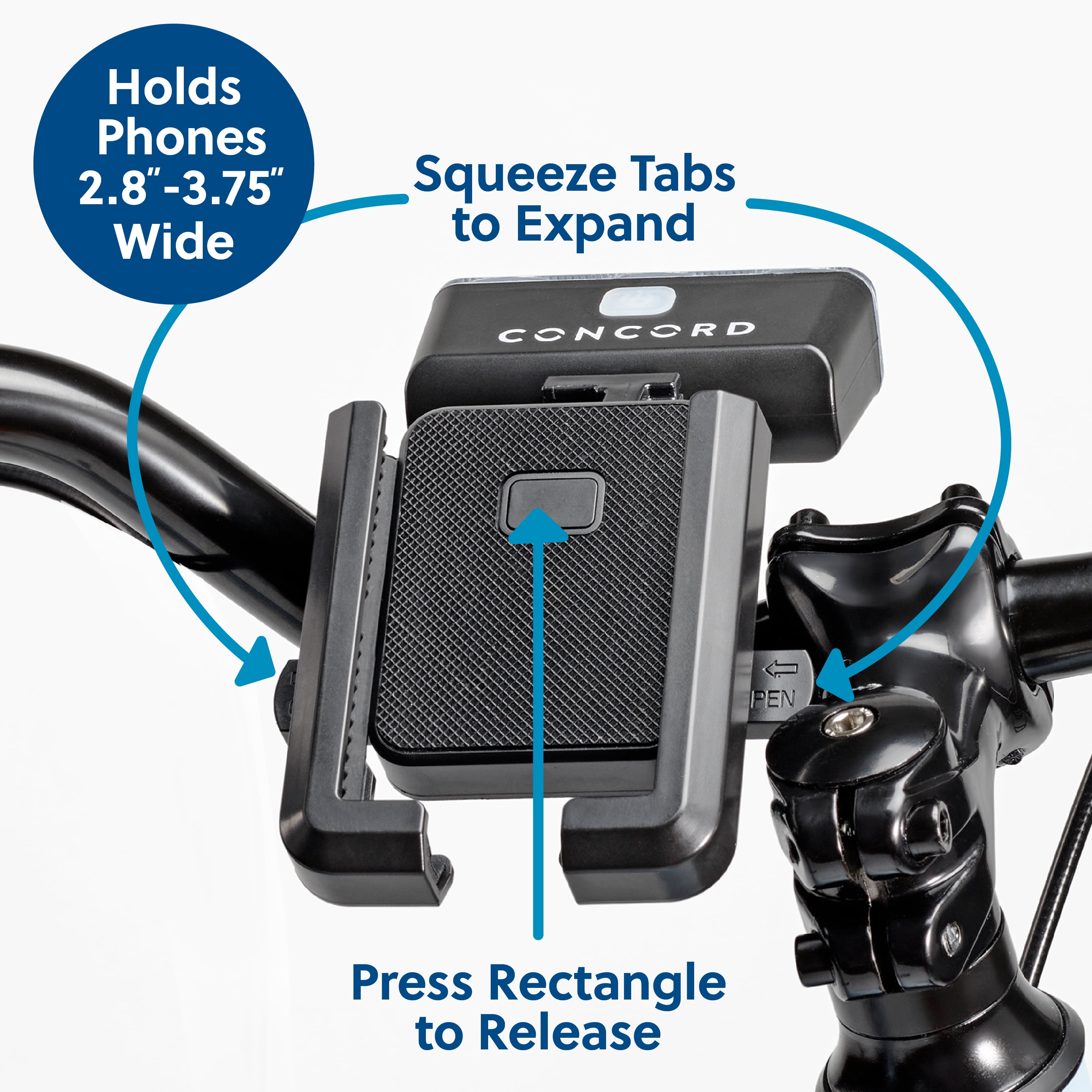 Concord Rechargeable Bike Phone Holder with Front Light, 200 Lumens, Backup Battery