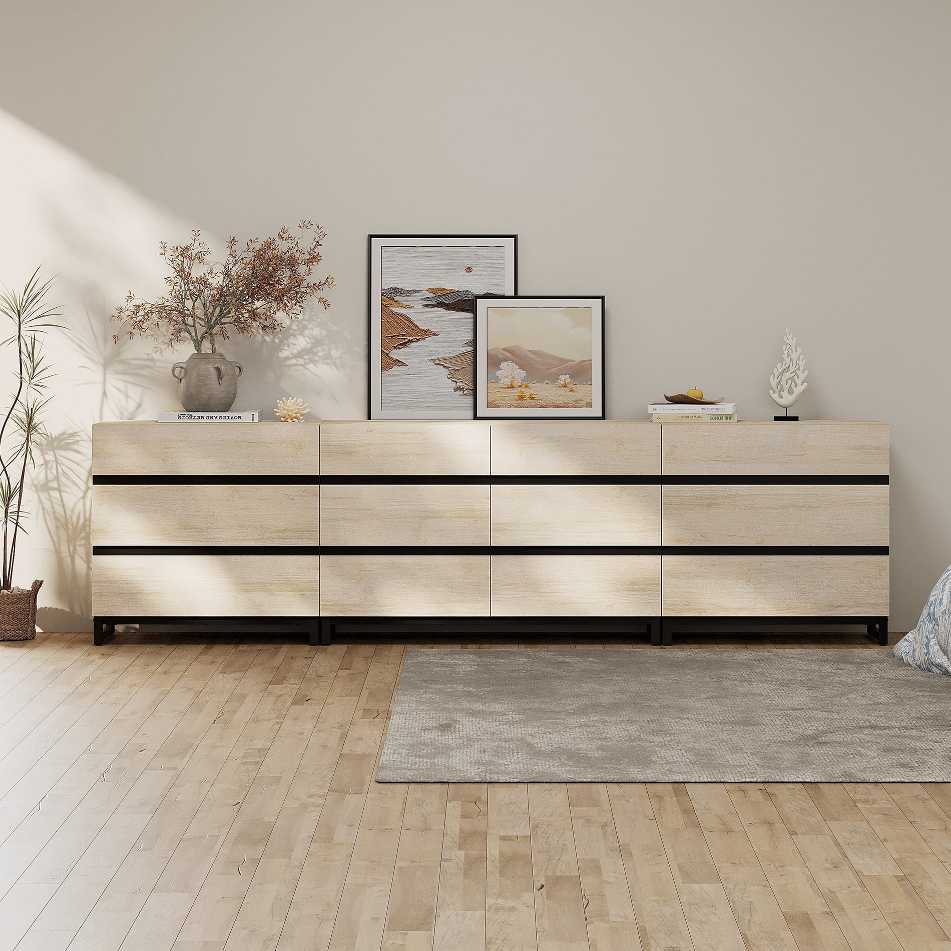 WAMPAT 3-in-1 Modern Wood Dresser, 12 Drawers & Metal Base, Closet Storage Organizer for Bedroom,Beige