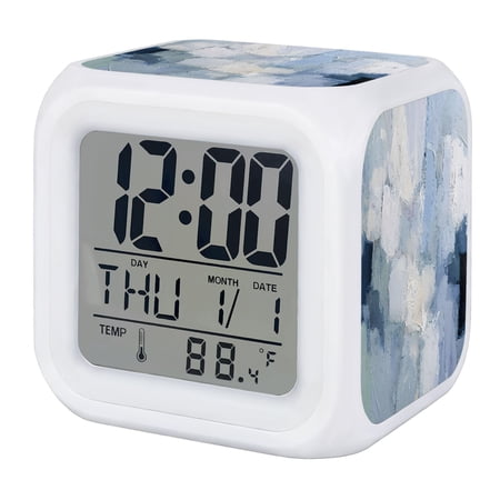 Light Blue Ombre Digital Alarm Clock for Bedrooms, Smart LED Alarm Clock with 7 Color Changing Night Light, Abstract Art Modern Oil Painting Silent Wake Up Clocks for Sleep Study Cooking 3.2x3.2