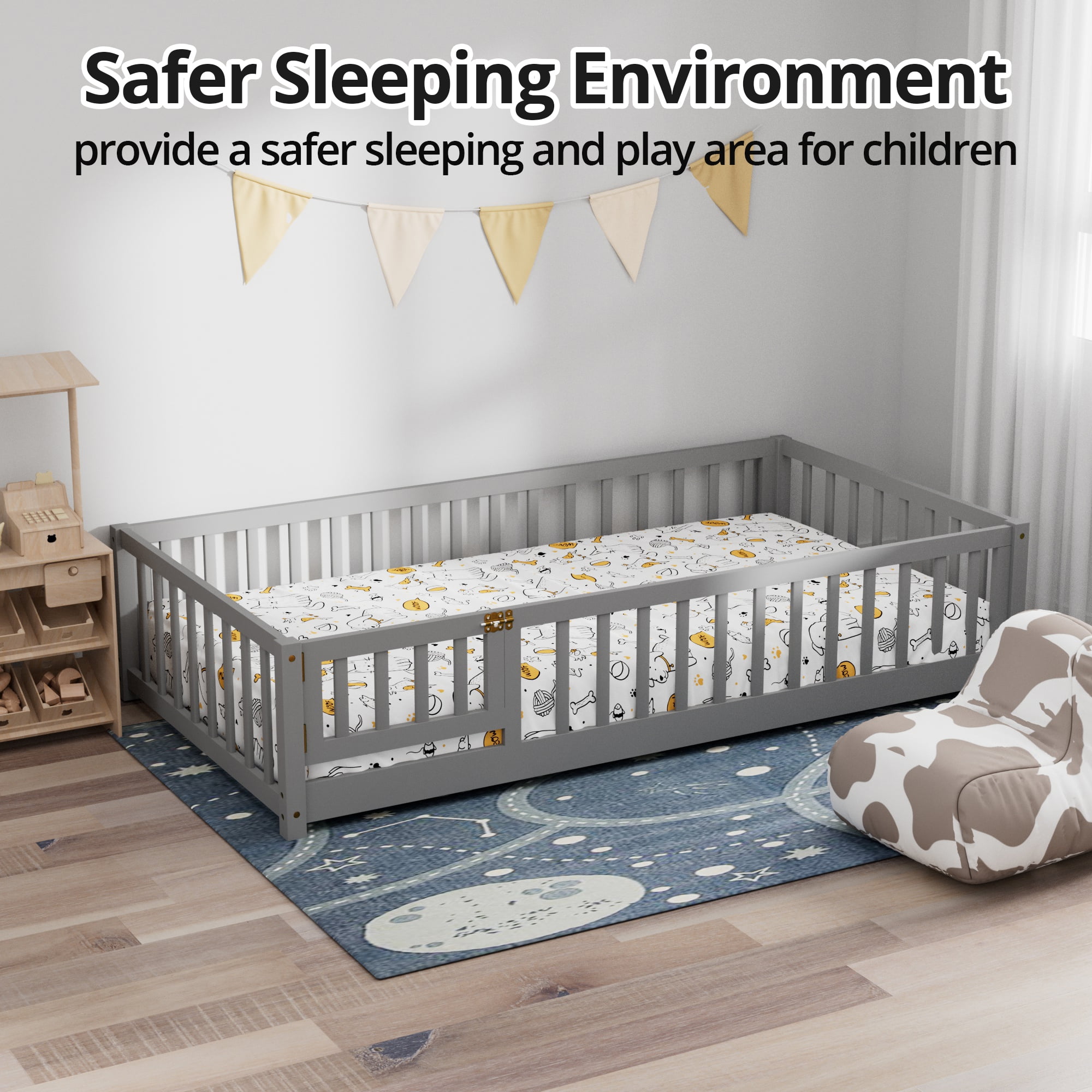 Twin Size Wood Floor Bed Frame with Fence and Door, Gray