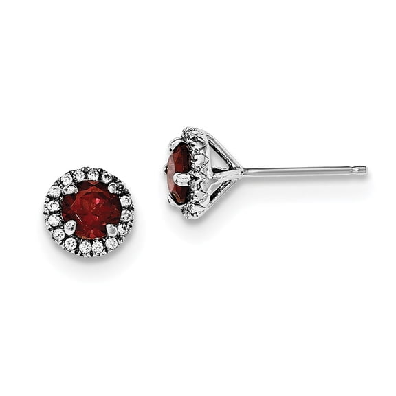 Sterling Silver Garnet and Cubic Zirconia Post Earrings - Measures 8x8mm Wide