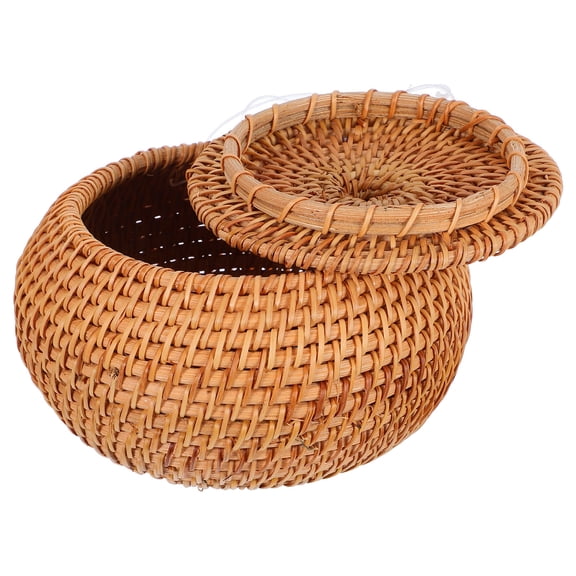 OULII Handwoven Small Rattan Storage Basket with Lid for Kitchen Bathroom Decor