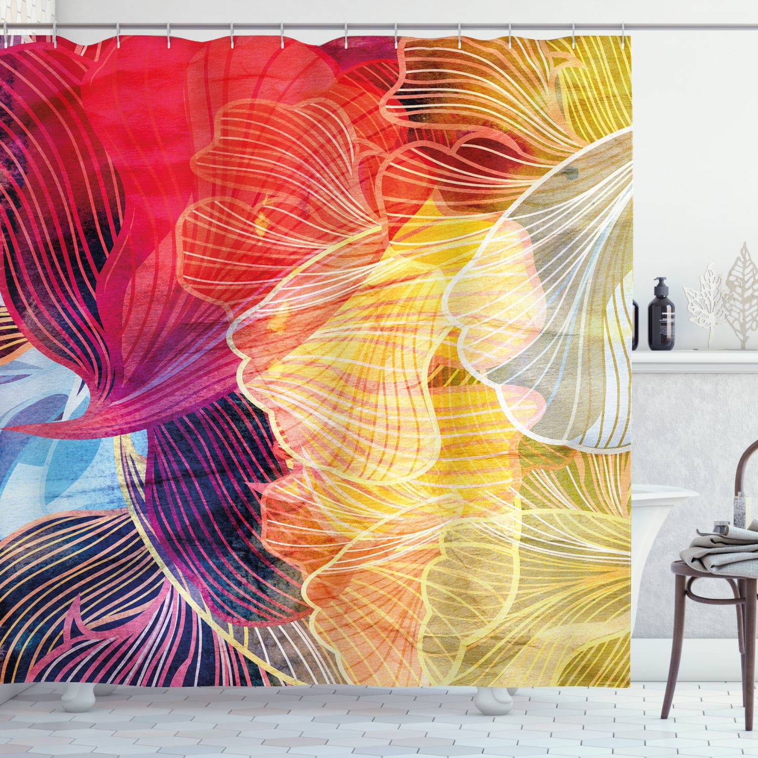 Multicolor Abstract Watercolor Fabric Shower Curtain with Hooks