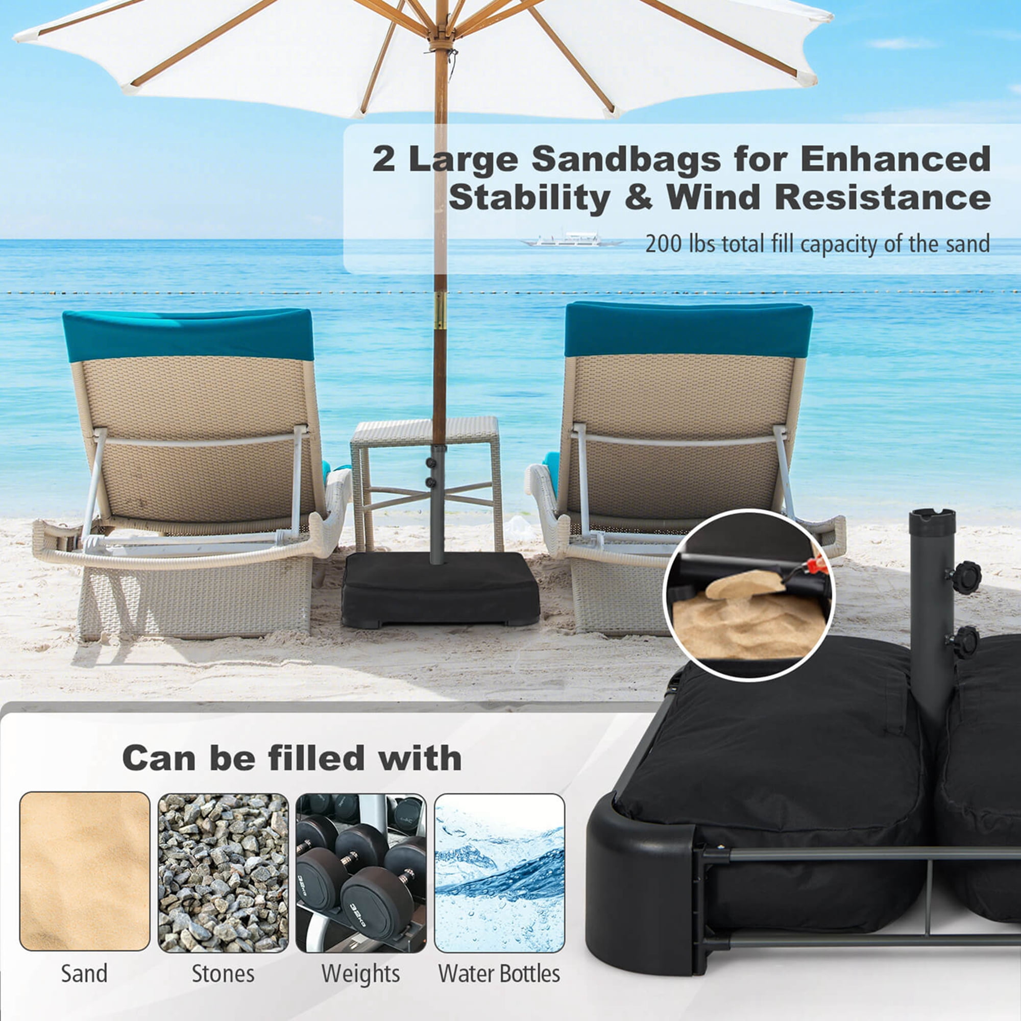 Costway Patio Market Offset Umbrella Stand Holder Base Sand Filled Sandbags 220lbs Black
