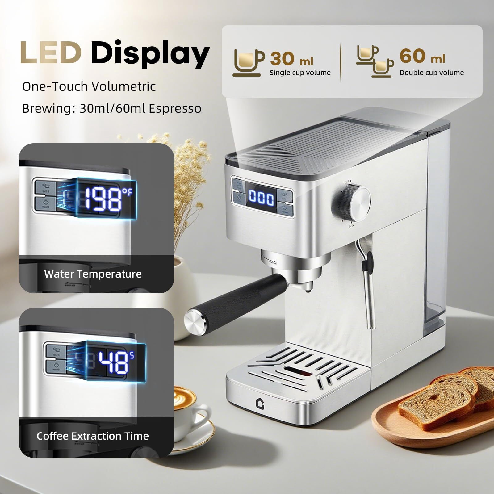 Garvee Espresso Machines for Home, 20 Bar Slim Espresso Maker with Frother Steam Wand and 47oz Removable Tank, Silver