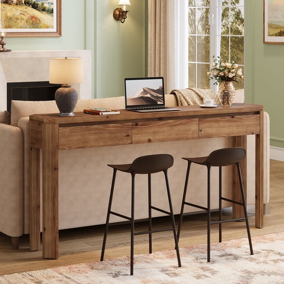 Finmind Solid Wood Console Table with 3 Drawers, 63-Inch Farmhouse Sofa Table Behind Couch for Entryway, Living Room, Foyer, Entrance, Rustic Brown