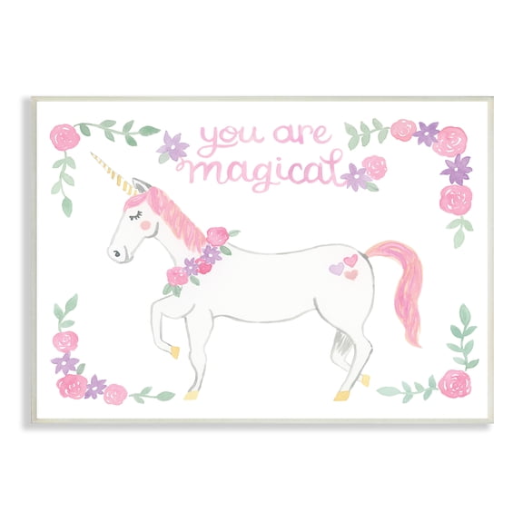 Stupell Industries You Are Magical Saying Pink Unicorn Floral Border Paintings Unframed Art Print Wall Art, 15x10, by Heather Strianese