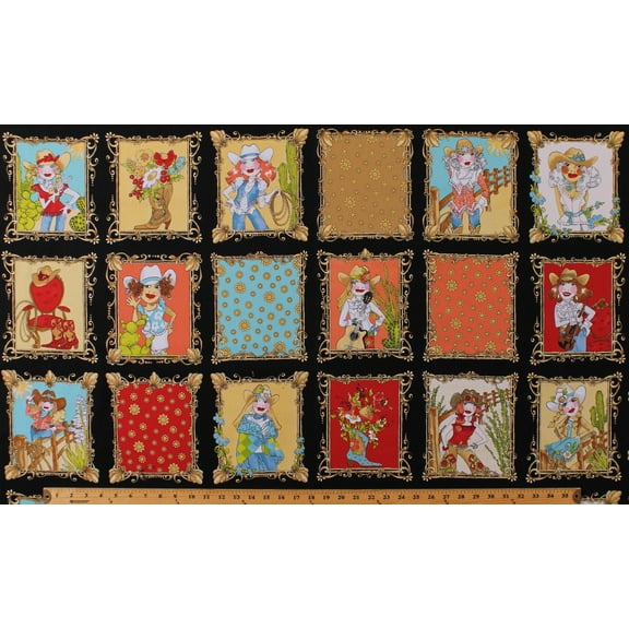 23.5" X 44" Panel Cowgirls Western Ranch Portraits Flowers Florals Southwestern on Black Whoa Girl Loralie Designs Cotton Fabric Panel (692-311)