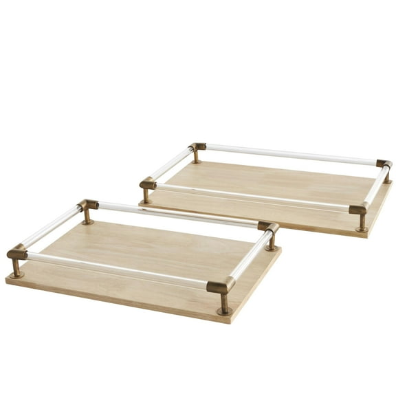 DecMode 19", 17"W Light Brown Mango Wood  Tray with Copper Metal Edges and Acrylic Sides, 2-Pieces