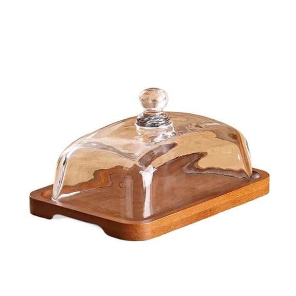 Rectangular Wooden Butter Plate Glass Cover Yellow Oil Plate Snack Dim Sum Cake Dessert Plate