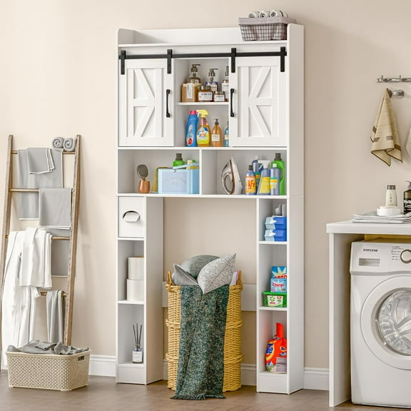 Vabches Over The Toilet Bathroom Storage Cabinet with Sliding Doors, Bathroom Space Saver Organizer Toilet Rack with 6 Storage Shelves, for Bathroom, Restroom, Laundry