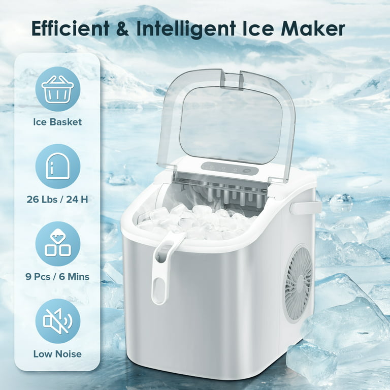 aglucky ice makers countertop,portable ice maker machine with  handel,self-cleaning ice maker, 26lbs/24h, 9 ice cubes ready in