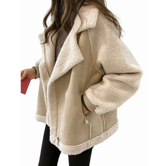 Women Trendy Winter Coat Faux Lamb Fur Leather Cropped Lambswool Biker Jacket Lapel Zipper Coat Apricot XL