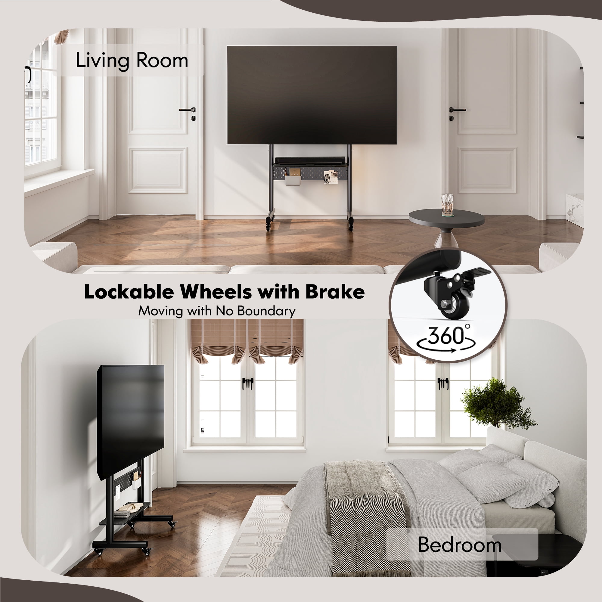 FITUEYES Rolling TV Stand with Wheels for 40-85 inch LCD/LED Screens, Height Adjustable Mobile Cart with One Shelf, Black