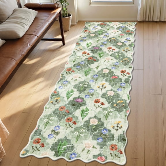 Runner Rug for Hallway, Yamaziot 2'x6' Floral Washable Rug, Farmhouse Kitchen Mat for Floor, Non Slip Carpet Bedroom Laundry Room, Spring Green