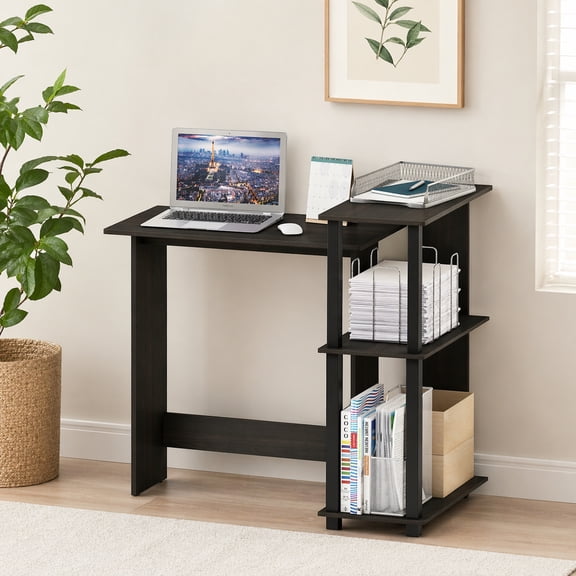 Furinno ABBOTT Desk, 38.1 Wide L-Shaped Gaming Desk with 3-Tier Bookshelf, Corner Computer Desk, Office Desk for Home Office, Bedroom, Dark Espresso