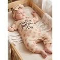 thumbnail image 3 of BemeyourBBs Newborn Baby Girl My First Fathers Day Outfit Baby Girl Summer Clothes Ribbed Romper Letter Embroidery Rose Print Short Sleeve Jumpsuit and Bow Headband 2Pcs Set, 3 of 8