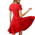 thumbnail image 4 of Elegant Short Sleeve Pleated Swing Round Neck Solid Color Loose Dress Women Casual Party Evening Gown Red S, 4 of 5
