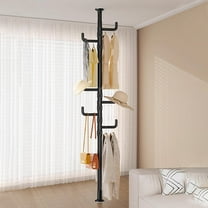 Easy to Setup Adjustable Laundry Pole Clothes Space Saving Drying Rack Coat Hanger DIY Floor to Ceiling Tension Rod Storage Organizer for Indoor, Balcony (Black)
