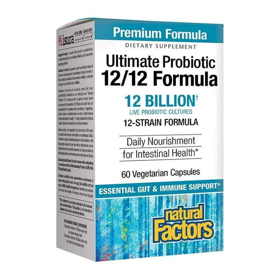 Natural Factors Ultimate Probiotic 12/12 Formula, Daily Probiotic for Ongoing Digestive Support, 12 Strains, 12 Billion CFU, 60 Vegetarian Capsules