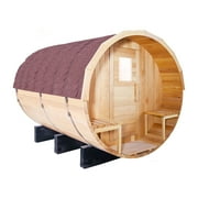 Anyi 6 Person Outdoor Barrel Sauna with Front Porch, Canadian Hemlock Barrel Sauna Kit with Outdoor Waterproof Tile, 6KW Internally Controlled Sauna Stove, Lava Rocks and More
