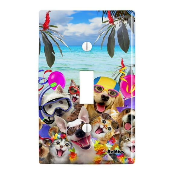 Dogs Cats Beach Party Selfie Plastic Wall Decor Toggle Light Switch Plate Cover