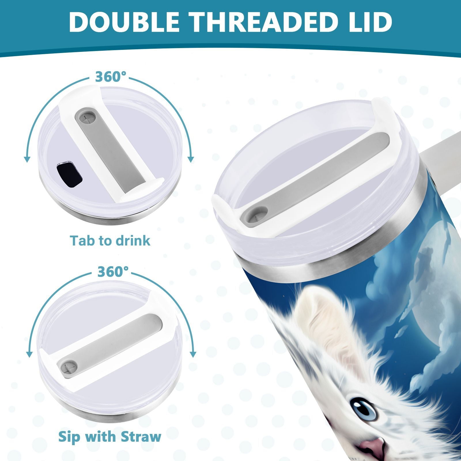 JSTEL Cute White Tiger Baby 30 oz Tumbler Stainless Steel Water Bottle Vacuum Insulated Cup with Straw Lid & Handle For Travel Car Cup Holder