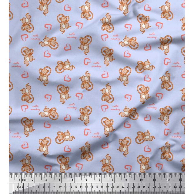 Soimoi Blue Rayon Crepe Fabric Heart & Cute Monkey Kids Printed Fabric 1 Yard 46 Inch Wide