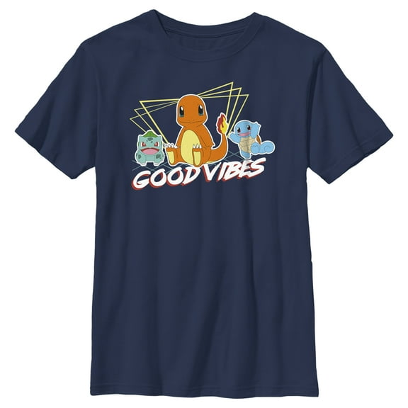 Boy's Pokemon Bulbasaur, Squirtle and Charmander Good Vibes Graphic Tee Navy Blue Large