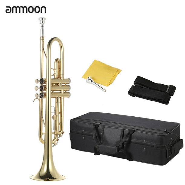 Bocina Ammoon Trompeta Bb Latón plano Pintado en oro Exquisito Instrumento musical duradero con boquilla Guantes Estuche con correa Tomshoo Bocina