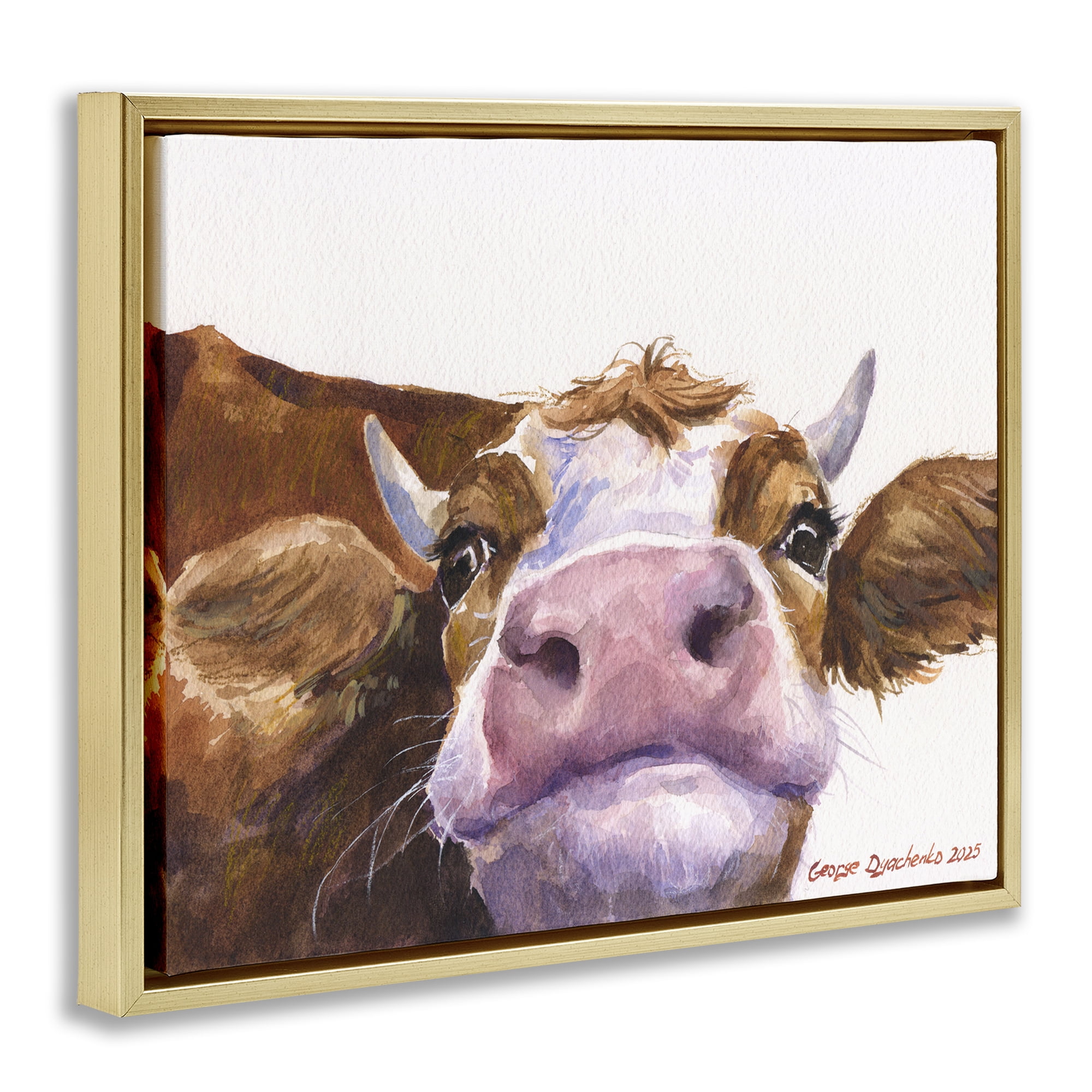 Stupell Industries Cute Cow Close Up Gold Framed Floater Canvas Wall Art, design by George Dyachenko