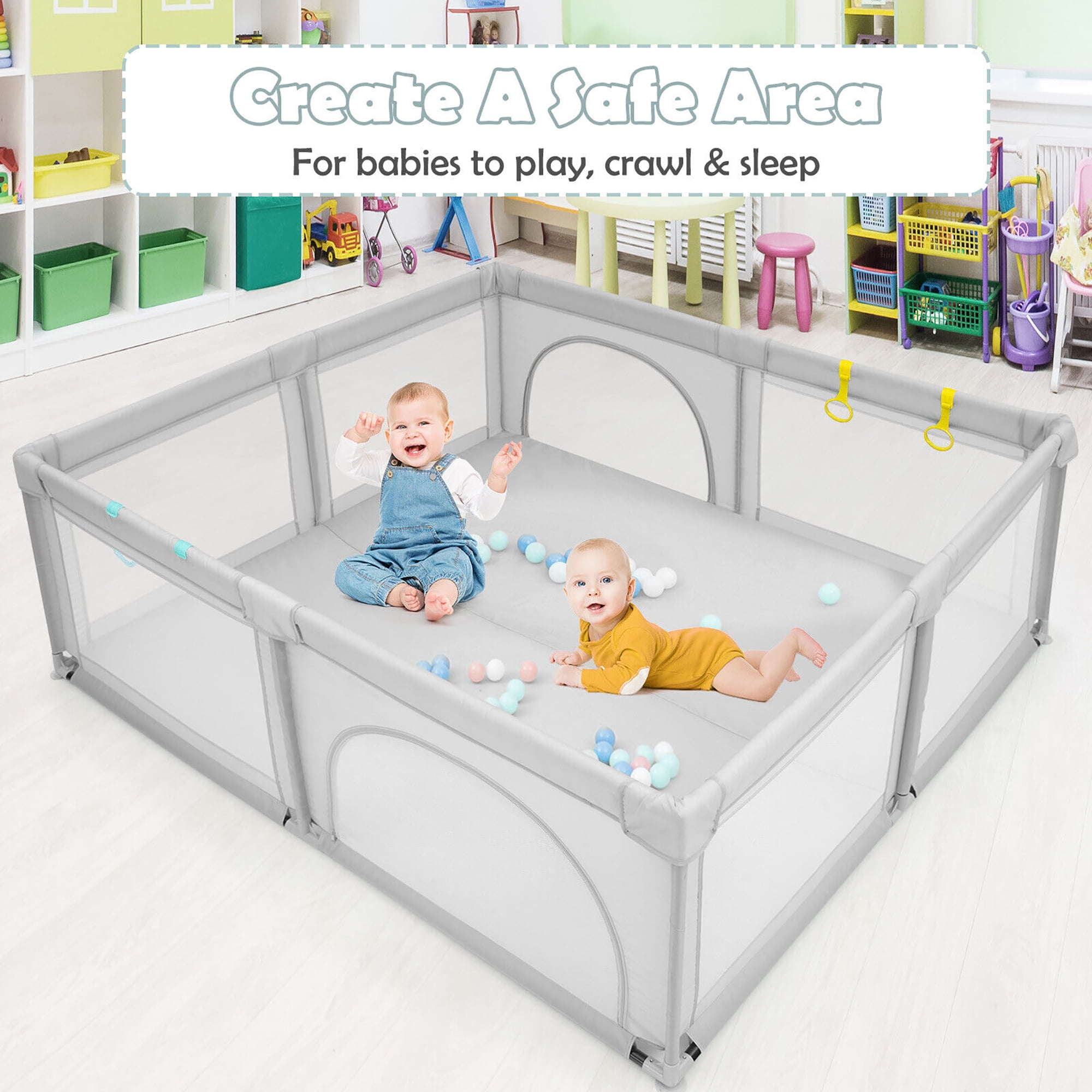 Gymax Extra Large Baby Playpen Safety Baby Play Yard w/ 50 Ocean Balls & 4 Handles Light Grey