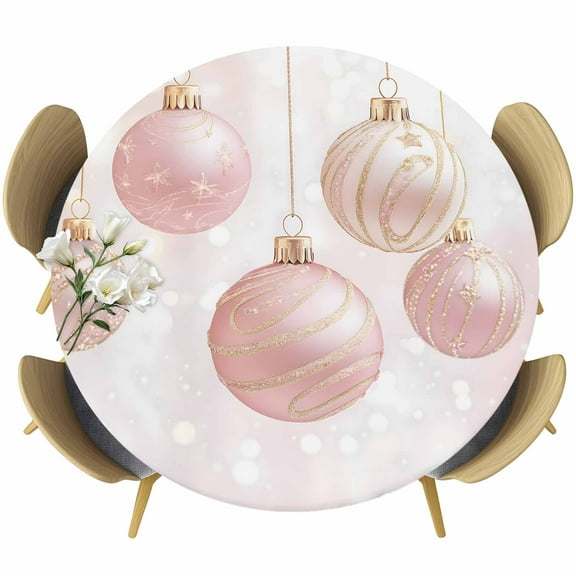 Pink Christmas Table Cloth, Round Fitted Tablecloths with Elastic Edge, Christmas Balls Snowflake Wipeable Waterproof Table Cover for Kitchen Wedding 36-44 Inches