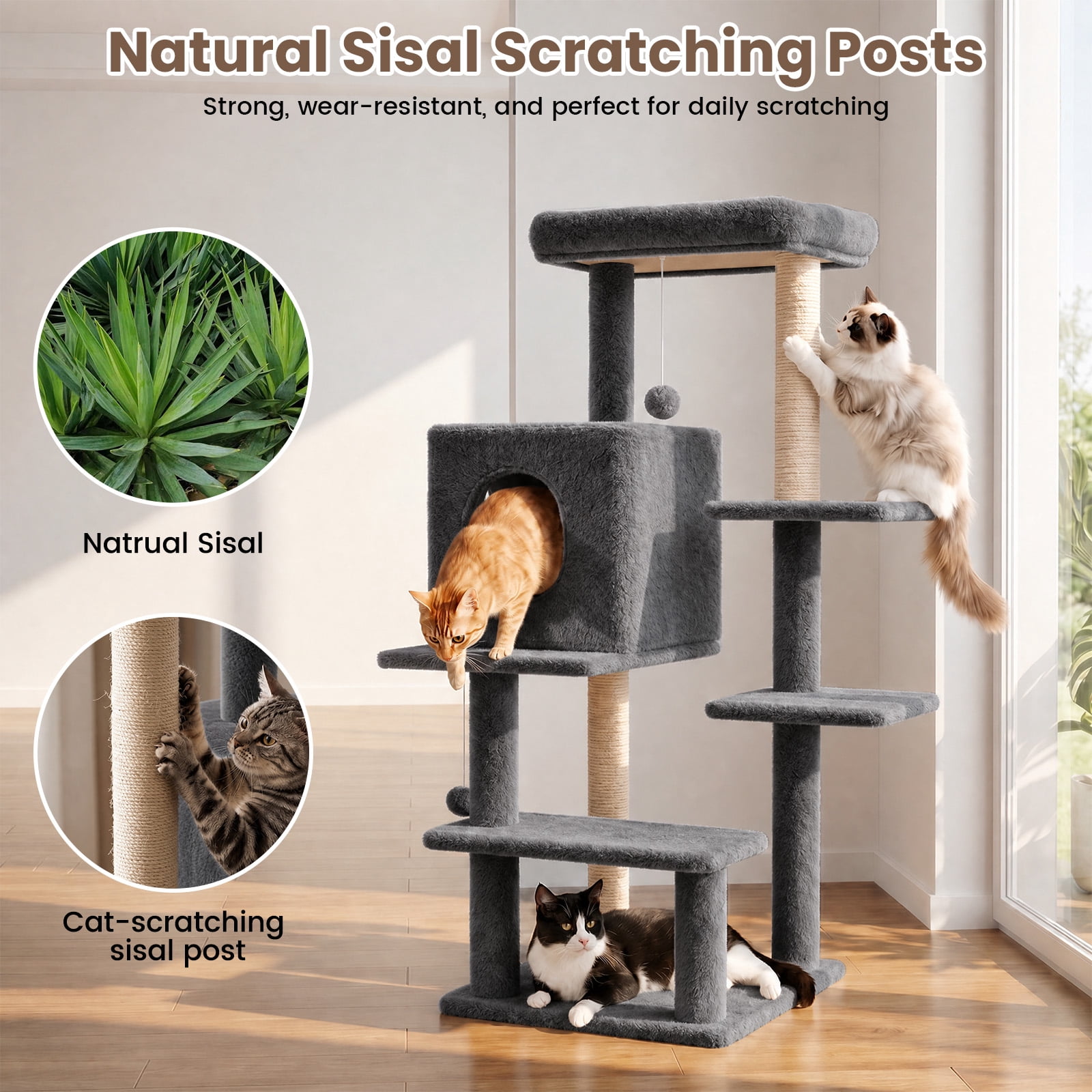 Sturdy 40-inch Cat Tree Tower with Cat Cave & Ramp Steps - Multi-Level Play & Sleep Center for Large Indoor Cats, Dark Gray