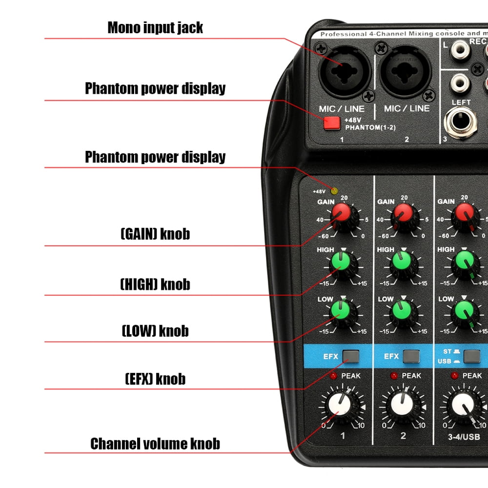 Aibecy BT Sound Mixing Console TU04 USB 48V Phantom 4 Channels Audio Mixer with AUX Paths Effects Record