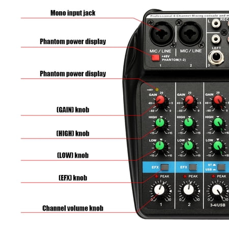 Sound Mixing Console  Professional 4 Channels Audio Mixer with USB  48V Phantom PowerIdeal for Recording and Monitoring