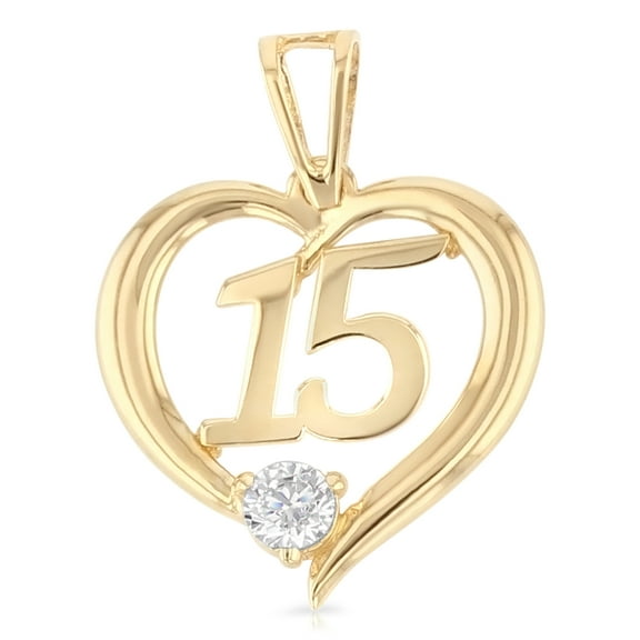 Ioka-14K Yellow Gold Sweet 15 Years Quinceanera Cubic Zirconia CZ Charm Pendant For Necklace or Chain