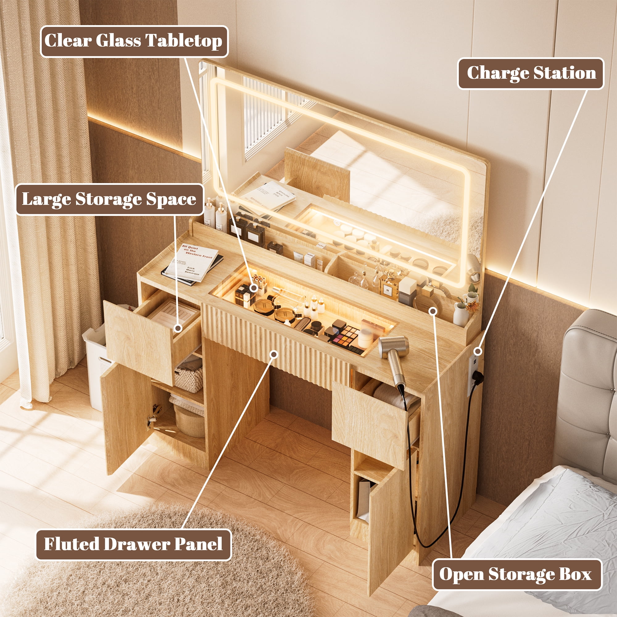 44" Vanity Desk with Mirror and Lights, Glass Top with RGB Lighting Makeup Table with Fluted Storage Drawer, Cabinet,3 LED Lights Modes, Power Outlet for Bedroom