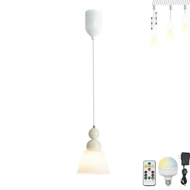 FSLiving Rechargeable Battery Operated Pendant Light with Remote,Modern Style Hanging Light with Cone Glass Milky Shade,Adjustable Height RGB Color,Timer,Dimmable Lamp for Corner Decor - 1 Light