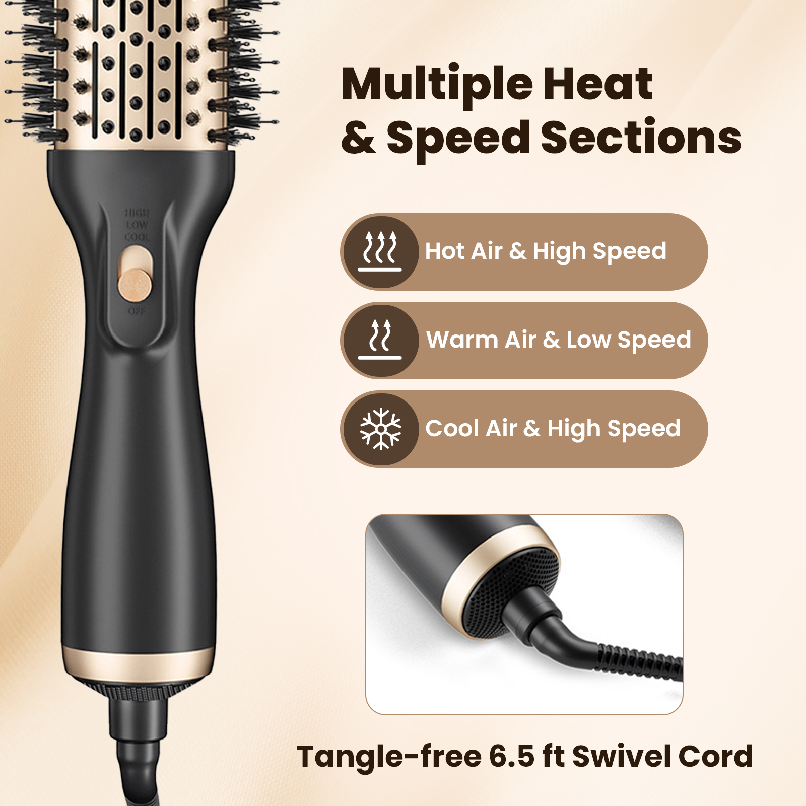 Hair Dryer Brush, Blow Dryer with Negative Ion Anti-Frizz Ceramic Titanium Barrel, Easy & Fast Salon-Style Blowouts, Black Gold