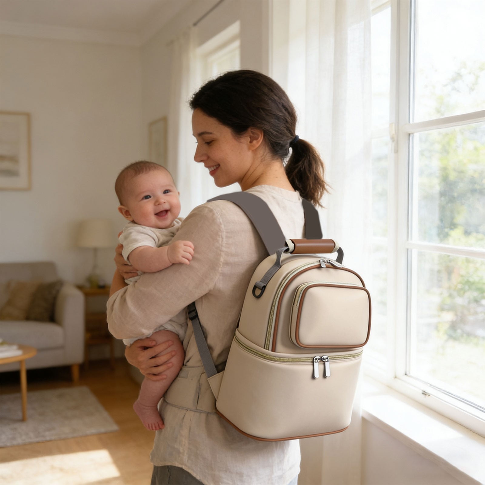 Multi Functional Mom Portable Insulated Double Layer Backpack for Mother and Baby, Large Diaper Bag with Thermal Pocket for Bottles, Waterproof Travel Bag for Outing