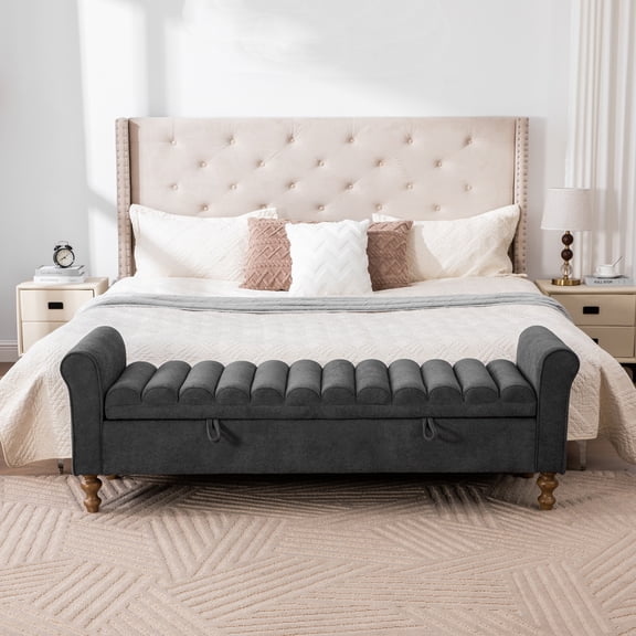 Nmkwnr Upholstered Storage Bench with Wood Frame, 65.55" Wide Bed End Stool for Living Room, Entryway, Bedroom, Dark Gray
