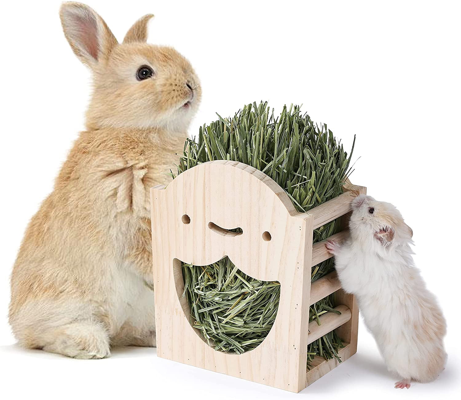 Guinea Pig Hay Dispenser for Rabbits Chinchillas Natural Apple Wood Standing Automatic Feeder Rabbit Hay Feeder 