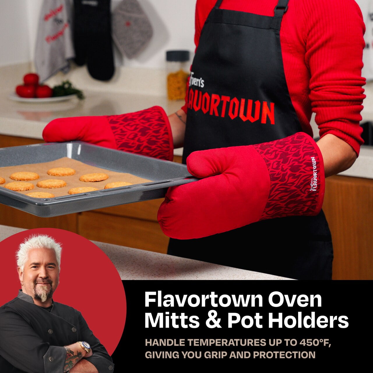 Guy Fieri's Flavortown Kitchen Essentials Bundles, Red Flame 4-Piece Set, 2 Oven Mitts & 2 Pot Holders, High Heat Resistant up to 450°F