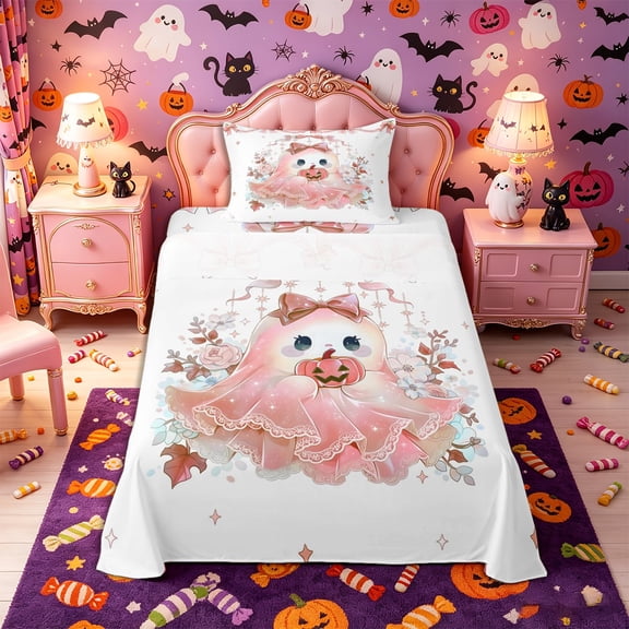 Manfei Halloween Bow Ghost Twin Sheets 3pcs, Cute Rose Flower Pumpkin Bedding, Peach White,1 Fitted Sheet, 1 Flat Sheet and 1 Pillowcase