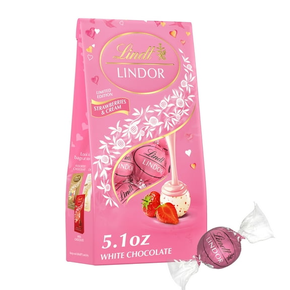 Lindt LINDOR Valentine's Day Strawberries and Cream White Chocolate Candy Truffles, 5.1 oz. Bag