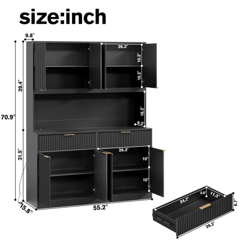 71" Tall Kitchen Pantry Cabinet with Power Outlet and Open Countertop, Modern Multi-Functional Storage Hutch Cabinet for Dining Room, Entryway and Living Room, Black
